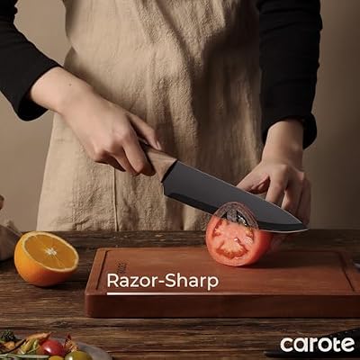 CAROTE 12-Piece Knife Set, Knives with Wood-Grain Finish Handles, Black — view 4