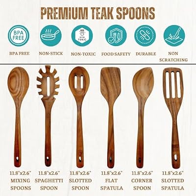Wooden Utensils for Cooking, Premium Teak Healthy Spoons, Wooden Spoons for Cooking, Durable Eco-Friendly and… — view 3
