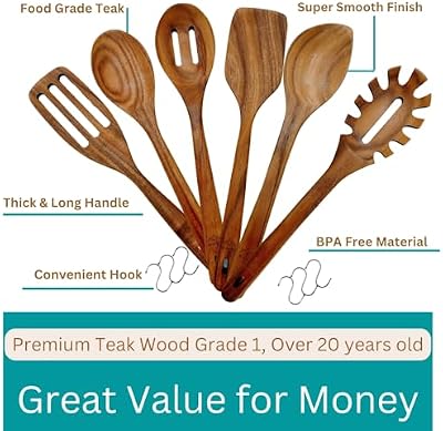 Wooden Utensils for Cooking, Premium Teak Healthy Spoons, Wooden Spoons for Cooking, Durable Eco-Friendly and… — view 4