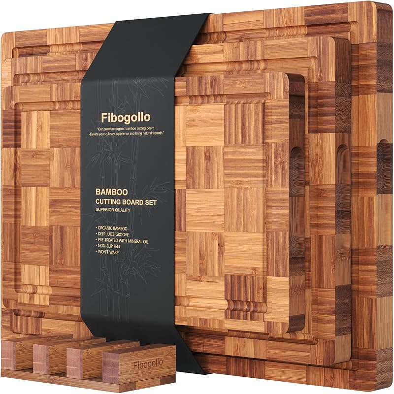 Fibogollo Set of 3 Bamboo Kitchen Cutting Boards with Juice Groove Large