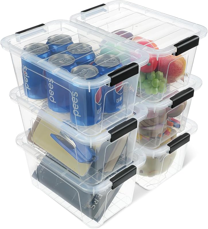 EOENVIVS Plastic Storage Bins with Lids 6 Pack, 6.7 Quart Storage Containers With Black Buckle Latch, Stackab…