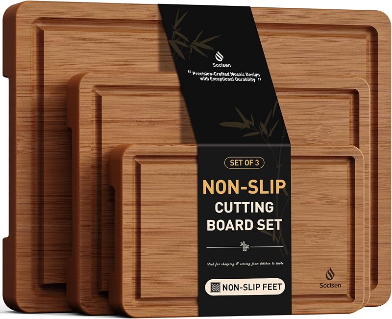 3 Packs Bamboo Cutting Board Set with Non Slip Feet and Over Sink Nice Solid Thick Wood Juice Groove Chopping…