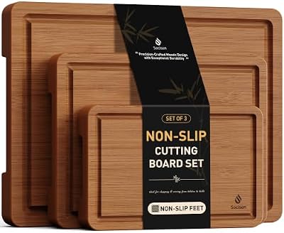 3 Packs Bamboo Cutting Board Set with Non Slip Feet and Over Sink Nice Solid Thick Wood Juice Groove Chopping… — view 2