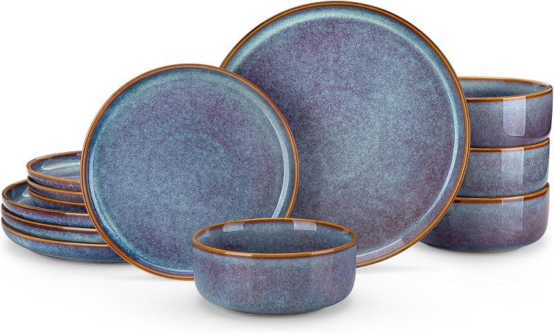 vancasso PLAYA Plates and Bowls Sets, 12 Pieces Grey-Blue Dinnerware Sets for Kitchen, Reactive Glaze Dishes…