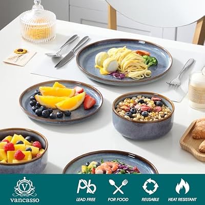 vancasso PLAYA Plates and Bowls Sets, 12 Pieces Grey-Blue Dinnerware Sets for Kitchen, Reactive Glaze Dishes… — view 4
