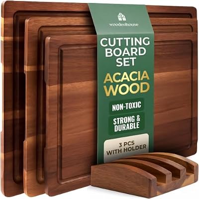 Acacia Wood Cutting Board Set of 3 with Holder, Juice Grooves & Handles — view 2