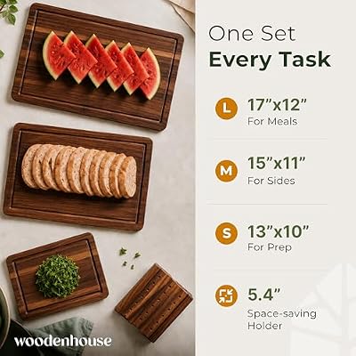 Acacia Wood Cutting Board Set of 3 with Holder, Juice Grooves & Handles — view 3