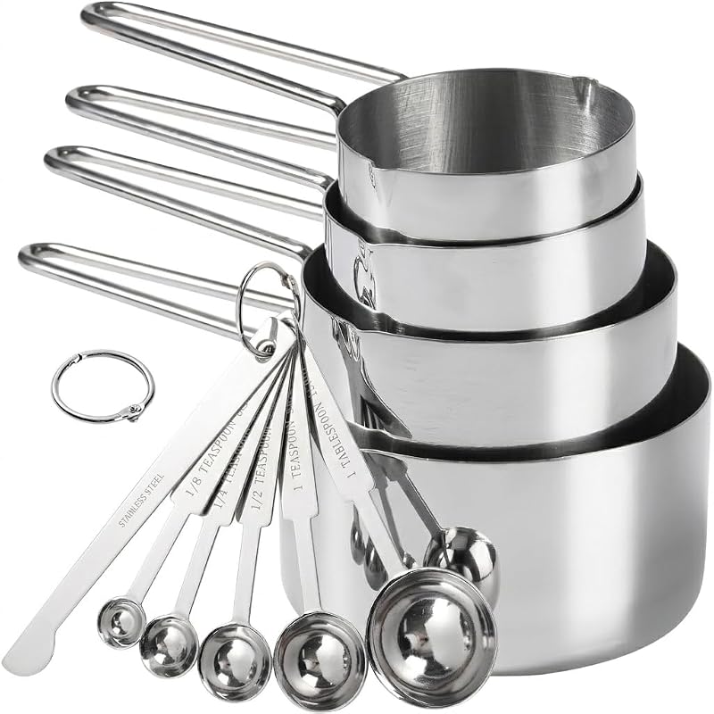 10-Piece Stainless Steel Measuring Cups and Spoons Set for Home Baking Essentials, Dishwasher Safe Kitchen To…