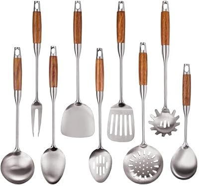 9 PCS 304 Stainless Steel Cooking Utensils set with Wooden Handle, Metal Kitchen Utensils Set, Large Heat Res… — view 2
