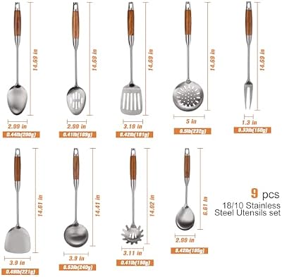 9 PCS 304 Stainless Steel Cooking Utensils set with Wooden Handle, Metal Kitchen Utensils Set, Large Heat Res… — view 3