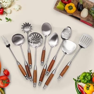 9 PCS 304 Stainless Steel Cooking Utensils set with Wooden Handle, Metal Kitchen Utensils Set, Large Heat Res… — view 4