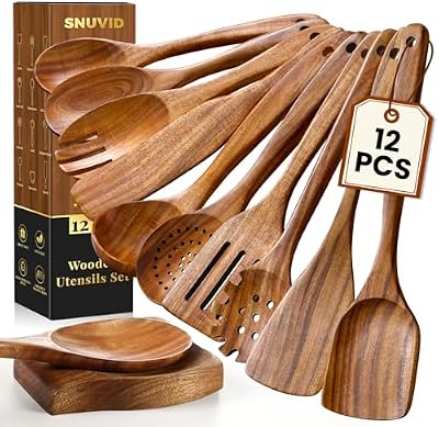 Wooden Spoons for Cooking, 12 Pcs Teak Wood Kitchen Utensils Set with Spoon Rest - Nonstick Heat Resistant Wo… — view 2