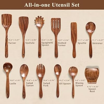 Wooden Spoons for Cooking, 12 Pcs Teak Wood Kitchen Utensils Set with Spoon Rest - Nonstick Heat Resistant Wo… — view 3