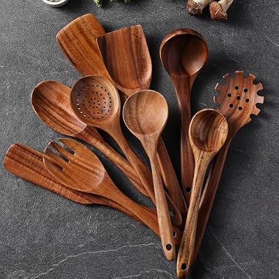 Wooden Spoons for Cooking, 12 Pcs Teak Wood Kitchen Utensils Set with Spoon Rest - Nonstick Heat Resistant Wo… — view 4
