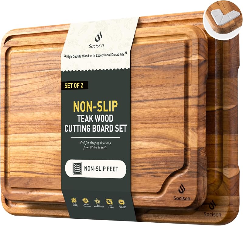 2 Pack Teak Cutting Boards for Kitchen Wood Wooden Cutting Board Non Slip