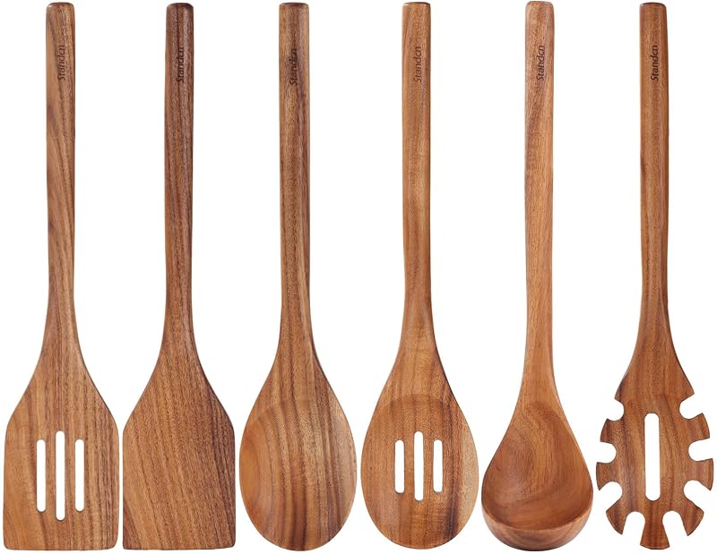 Acacia Wood Utensils Set - Handmade Wooden Spoons for Cooking, 6-Piece