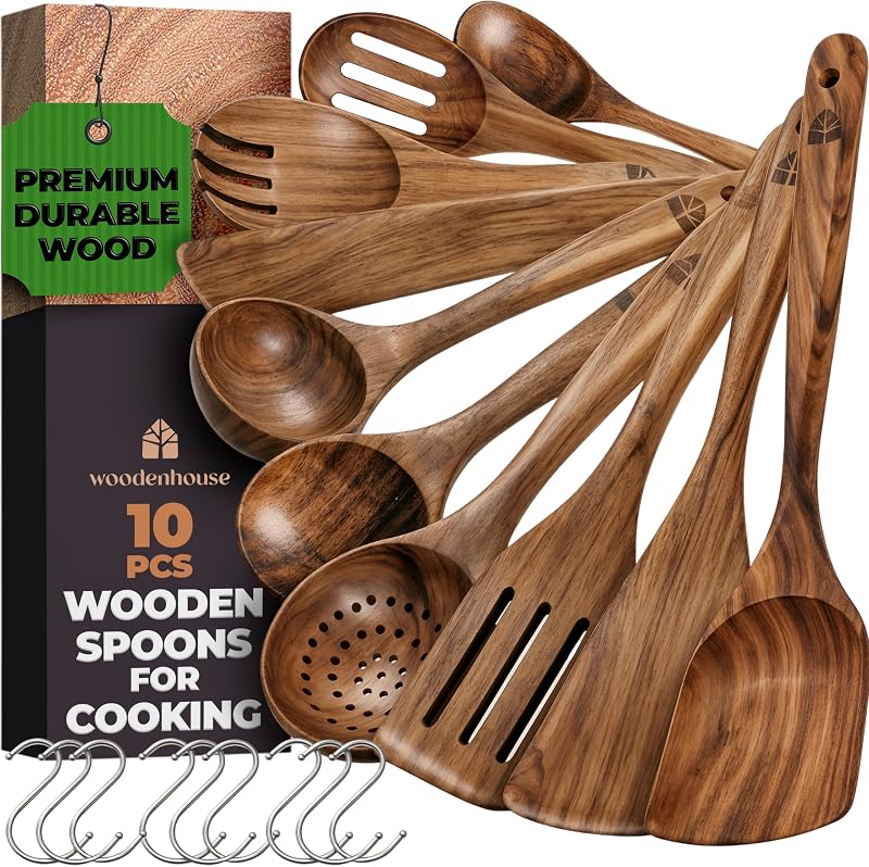 Wooden Spoons for Cooking 10 Pcs, Teak Utensil Set with Hanging Hooks