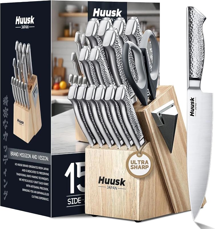 Huusk Kitchen Knife Set with Block & Built-in Sharpener - 15pcs