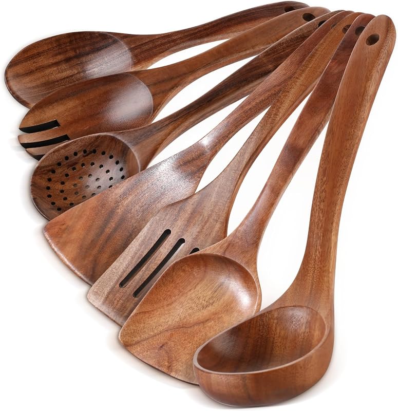 Wooden Spoons for Cooking - 7 Pieces Wooden Kitchen Utensils Set, Smooth Natural Teak Wood Utensil Set, Nonst…