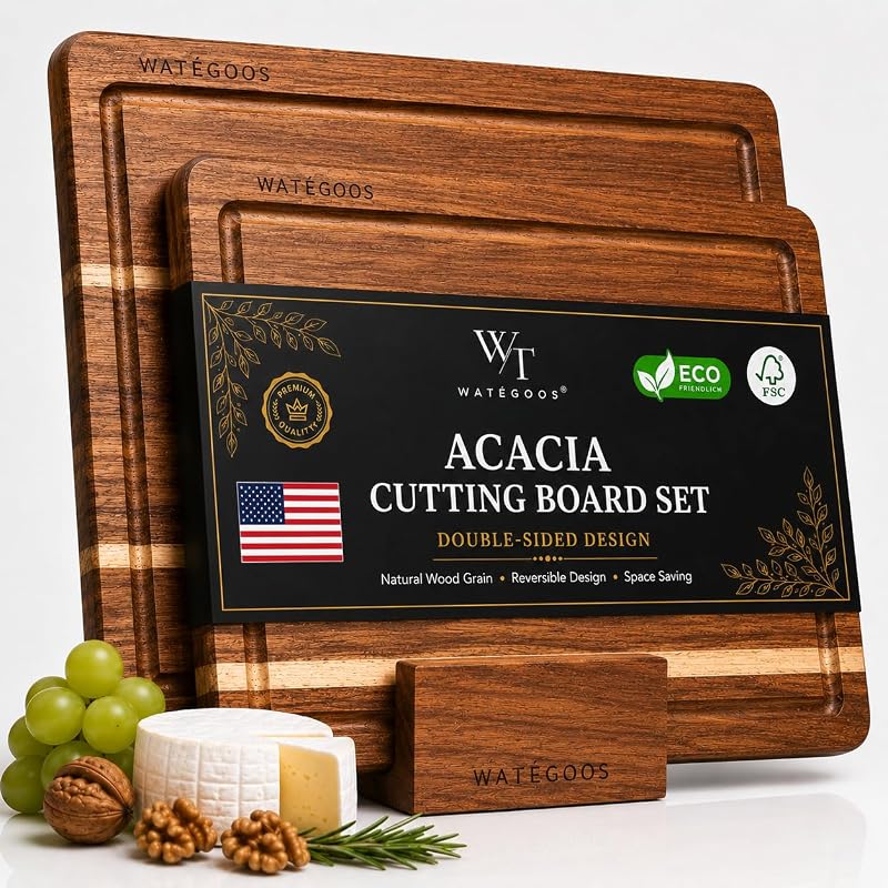 Acacia Wood Cutting Boards for Kitchen, Non-Toxic Cutting Board Set of 2, Chopping Boards with Deep Juice Gro…