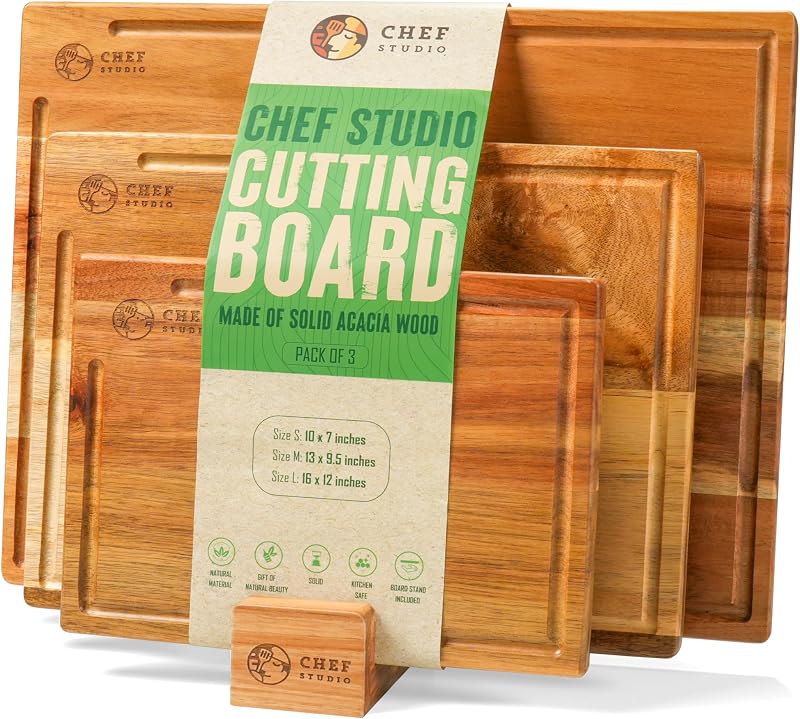 Acacia Wood Cutting Board (Set of 3) – Wooden Cutting Boards for Kitchen, Chopping and Serving, Non Plastic B…