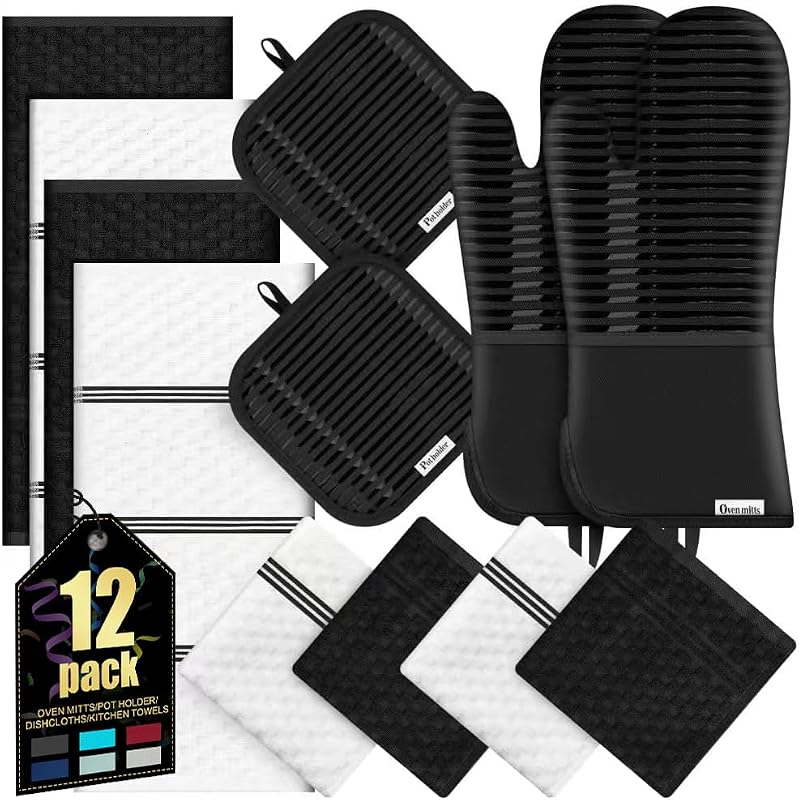 Oven Mitts Kitchen Towels and Dishcloths with Pot Holders Sets, Oven Gloves Hot Pads 500°F Heat Resistant wit…