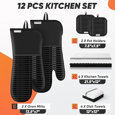 Oven Mitts Kitchen Towels and Dishcloths with Pot Holders Sets, Oven Gloves Hot Pads 500°F Heat Resistant wit… — view 2