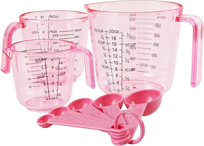 Pink Plastic Measuring cup Measuring spoon Set: 3 Stackable Liquid Measuring Cups 150/300/600ml and 5 Spoons…