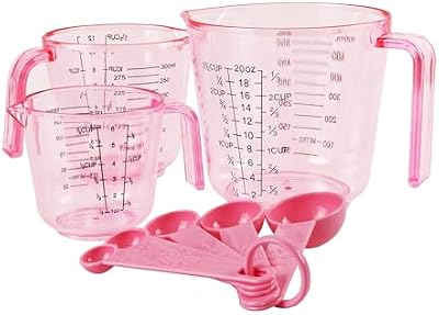 Pink Plastic Measuring cup Measuring spoon Set: 3 Stackable Liquid Measuring Cups 150/300/600ml and 5 Spoons… — view 2