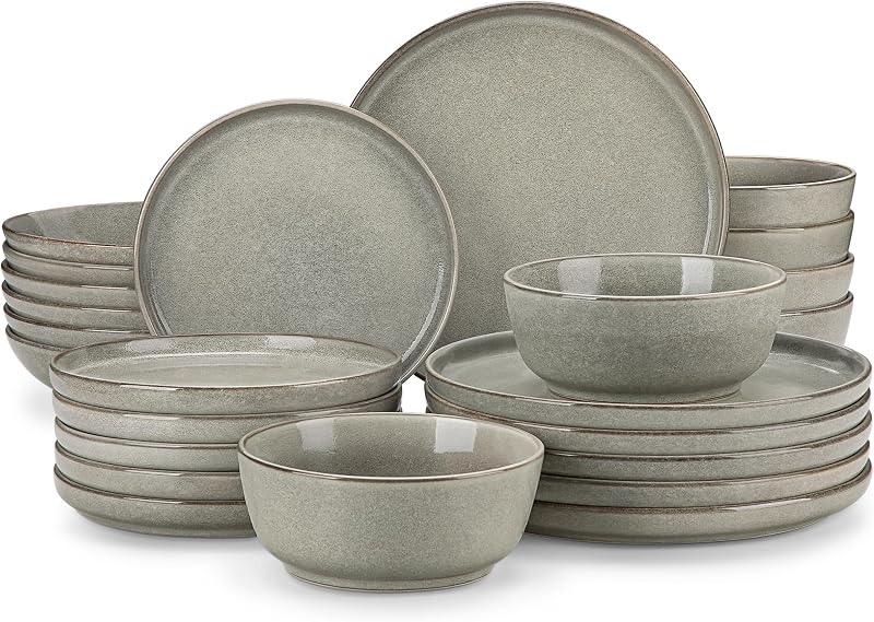vancasso ANYA 24 Pieces Plates and Bowls Set, Stone Grey Dinnerware Sets, Reactive Glaze Dishes Set for 6, Ce…