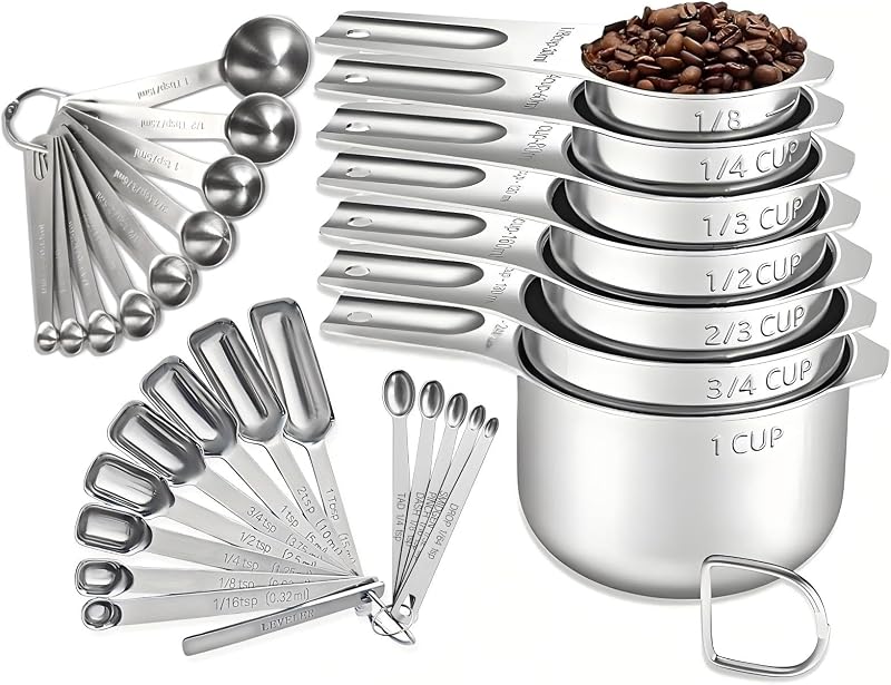 30PCS Measuring Cups and Spoons Set, 7 Nesting Measuring Cups, 18 Measuring Spoons and 5 Mini Spoons, Stainle…