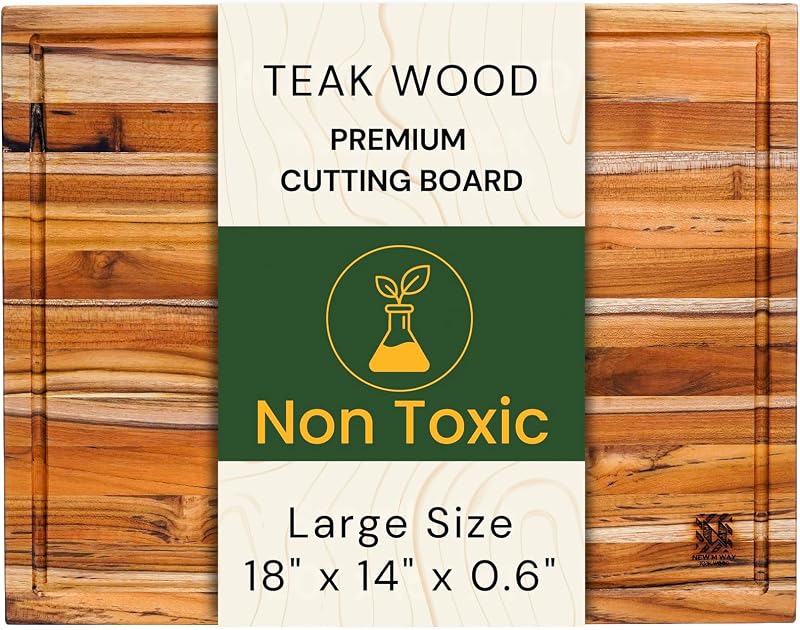 Premium Teak Wood Cutting Board 18" x 14" x 0.6" for Kitchen Meat, Fruit, Pizza Prep - Large Thin Edge Grain…