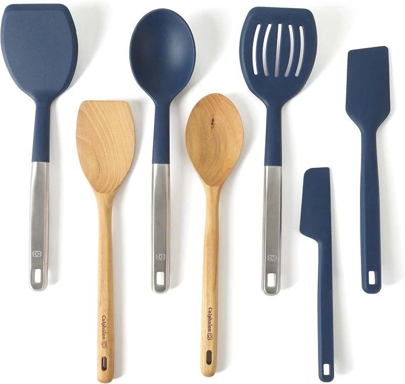 Calphalon Prime 7-Piece Silicone and Teak Wood Kitchen Tool Set, Stainless Steel Kitchen Utensil Set, Kitchen…