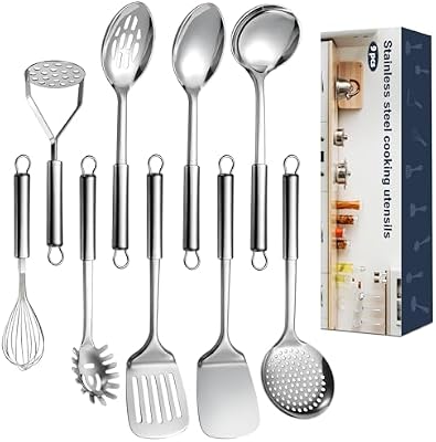 9 Pcs Cooking Utensils Set, Stainless Steel Kitchen Utensils, Heat Resistant Metal Kitchen Tools Include Soli… — view 2