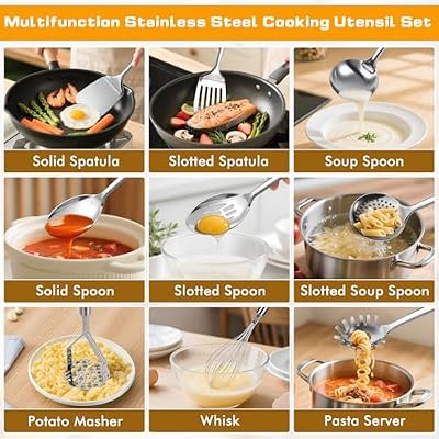 9 Pcs Cooking Utensils Set, Stainless Steel Kitchen Utensils, Heat Resistant Metal Kitchen Tools Include Soli… — view 3