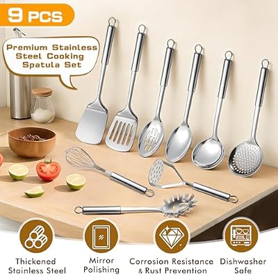 9 Pcs Cooking Utensils Set, Stainless Steel Kitchen Utensils, Heat Resistant Metal Kitchen Tools Include Soli… — view 4