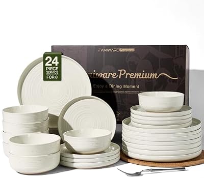 Stoneware Dinnerware Sets for 8, Plates and Bowls, Cream — view 2