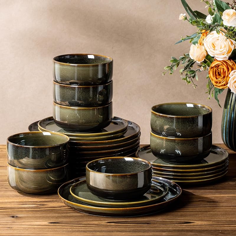 TheTerra Ceramic Dinnerware Set for 8, 24-Piece Plates and Bowls Set