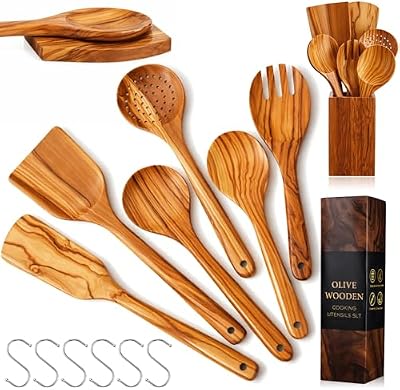 Qinyoung 10 Pack Olive Wood Cooking Utensils Set, Spatulas Spoons Forks — view 2