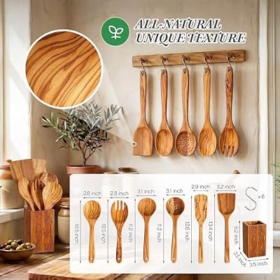 Qinyoung 10 Pack Olive Wood Cooking Utensils Set, Spatulas Spoons Forks — view 3