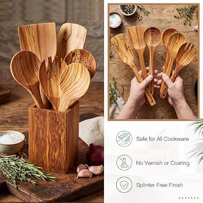 Qinyoung 10 Pack Olive Wood Cooking Utensils Set, Spatulas Spoons Forks — view 4