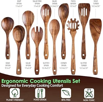 HOWHONG 10-Piece Acacia Wood Cooking Utensil Set for Nonstick Cookware — view 4