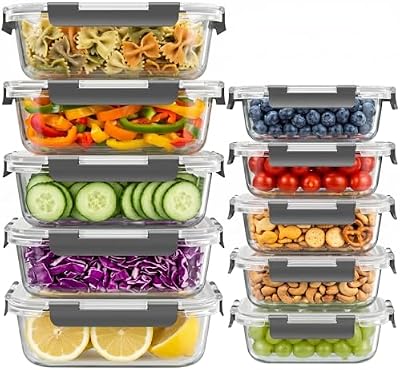 Dealusy 10 Sets 36 oz & 12 oz Glass Food Storage Containers with lids, Gray — view 2