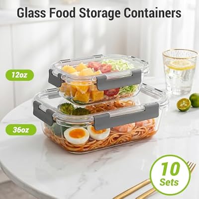 Dealusy 10 Sets 36 oz & 12 oz Glass Food Storage Containers with lids, Gray — view 3