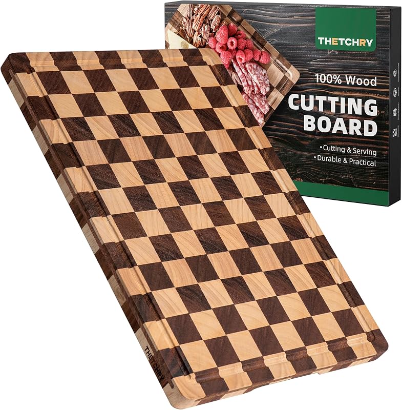 THETCHRY Cutting Boards for Kitchen, Checkered Wooden Chopping Board Structural Upgraded, Walnut Cutting Boar…