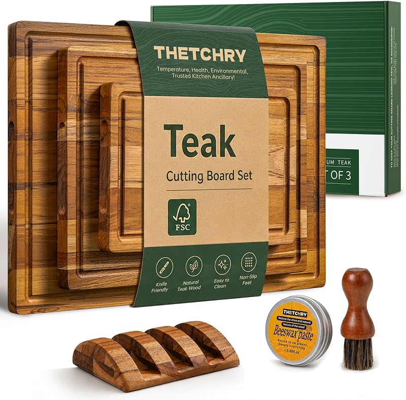 THETCHRY Teak Wood Cutting Board Set of 3 Wooden Cutting Boards for Kitchen