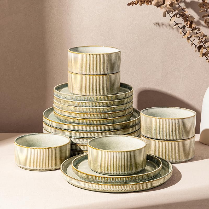 GBHOME Stoneware Dinnerware Sets for 6,18-Piece Plates and Bowls Set
