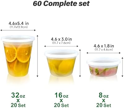 Dealusy 60 Set Deli Containers with Lids, 32/16/8 oz X 20 Set Each — view 3