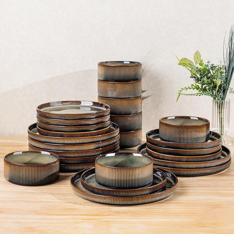 TheTerra Ceramic Dinnerware Set for 8, 24-Piece Plates and Bowls Set