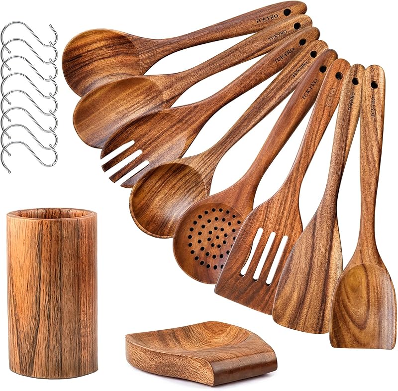 Wooden Kitchen Utensil Set with Holder & Spoon Rest, 10 Piece Premium Teak Wooden Spoons for Cooking, Smooth…